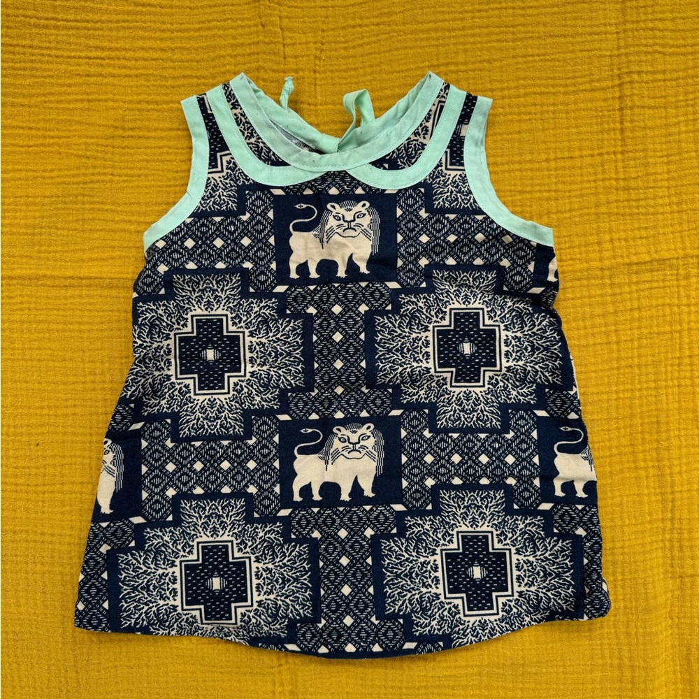 Kids Small Shop Sleeveless Top/ Dress Lion Print - Navy Blue and Mint 1Y